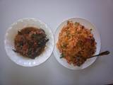 A picture of Vegetable jallof rice with catfish peppersoup.