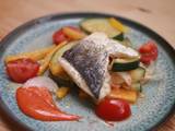 A picture of Seabass with braised courgettes & Gochujang mayo.