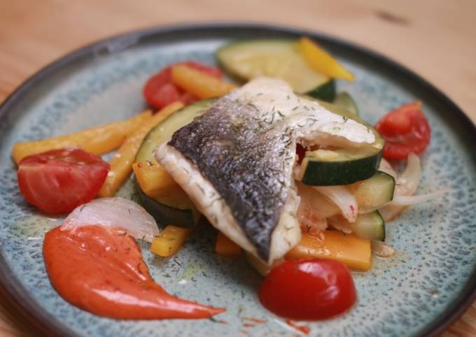 A picture of Seabass with braised courgettes & Gochujang mayo.