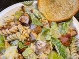 A picture of Chicken Caesar pasta salad.