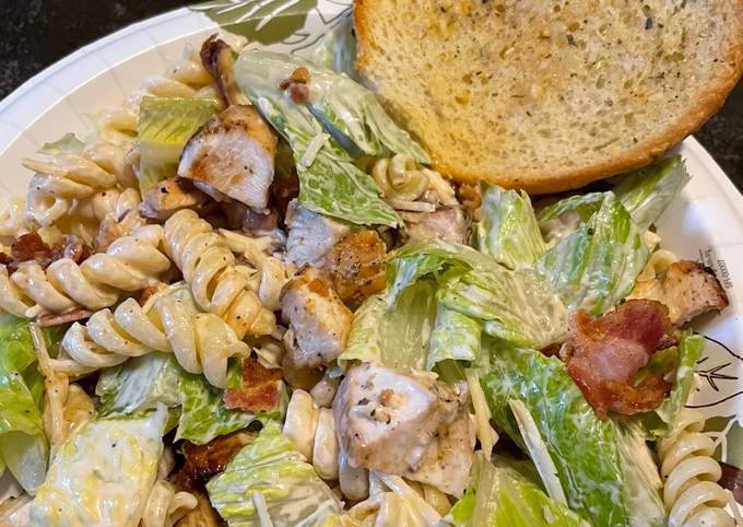 A picture of Chicken Caesar pasta salad.