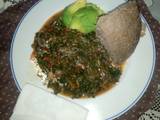 A picture of Kienyeji mboga mix,brown ugali.