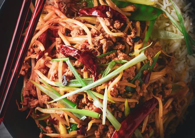 A picture of Spiced Pork With Bean Sprouts, Broadbean Paste & Chilli.