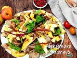 A picture of Salad with duck, pears, apples and beets.