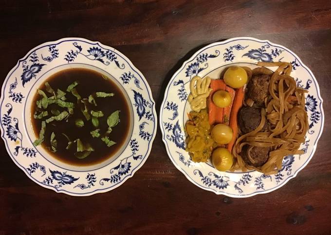 A picture of California Farm Venison Dinner Broth with Noodles.