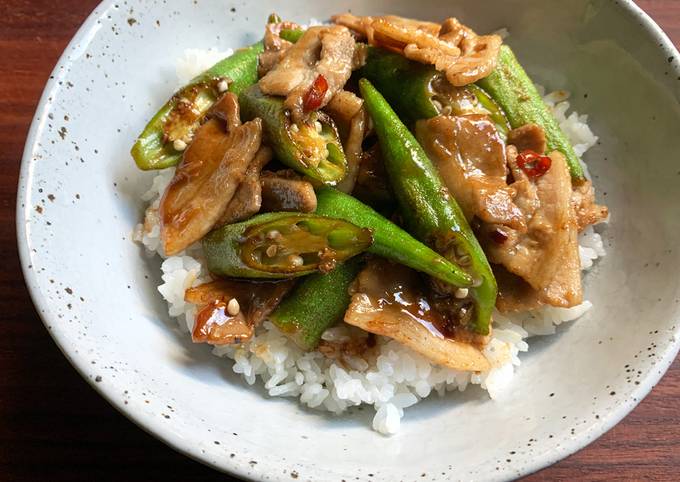 A picture of Okra & Pork Rice Bowl.