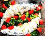 A picture of step 8 of Mackerel in sour cream, with broccoli and tomatoes, in the oven.