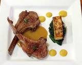 A picture of step 12 of Lamb chop with Corn puree, celeriac fondant, spinach and mushroom sauce.