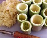 A picture of step 2 of Egyptian mashi cosa (stuffed squash) with chicken vegetable stir fry.