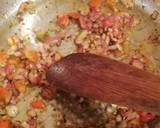 A picture of step 1 of Shakshouka (eggs in tomato and basil sauce).