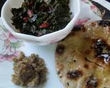 A picture of step 4 of Terere/dodo served with millet roti, jaggery#vegetables.