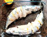 A picture of step 4 of Mackerel in sour cream, with broccoli and tomatoes, in the oven.