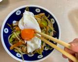 A picture of step 5 of Japanese Stir-fried Vegetables topped with Poached Egg.