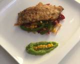 A picture of step 16 of Deep fried fish fillet on a bed of sautéed vegetables & pea purée.