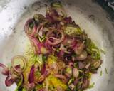 A picture of step 1 of Mixed vegetable stew with minced meat, rice and a side of cabbage.