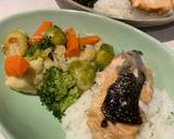 A picture of step 7 of Japanese-inspired steamed vegetables and baked salmon with a miso-soy-mirin-garlic-ginger sauce.